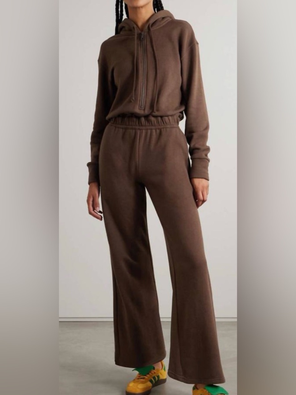 Rivet Utility Manifester Jersey Hooded Jumpsuit in Brown